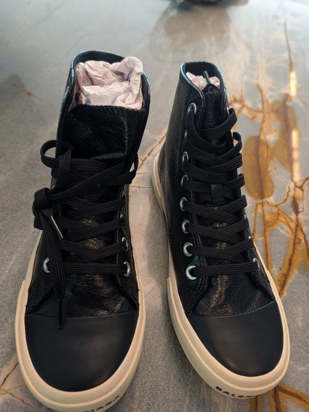 Balenciaga Paris High Top Sneakers Black Leather Size 39 - Picture 4 of 7